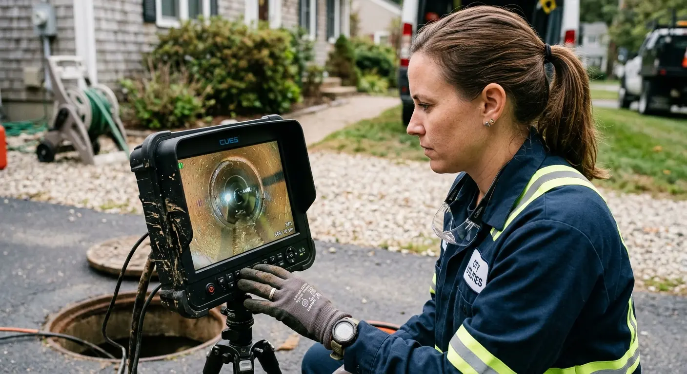 Technician reviewing sewer camera inspection footage in Topsham