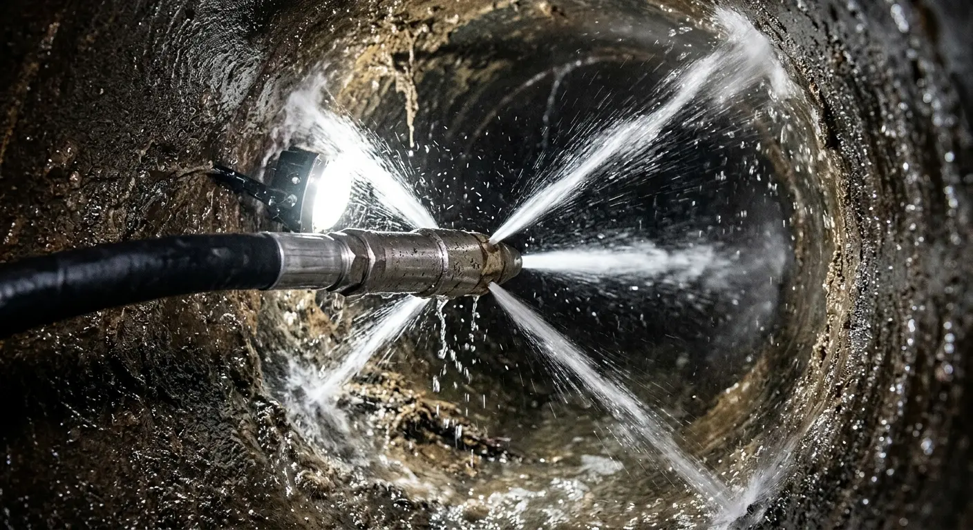 High-pressure hydro jetting nozzle cleaning sewer pipe for Sewer Cleanout in Topsham