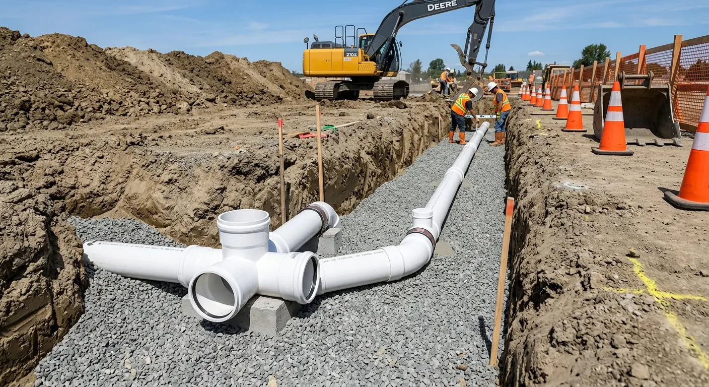 New PVC sewer pipe installation in open trench for Commercial Drain Cleaning in Topsham