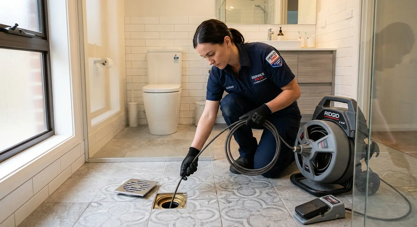 Technician clearing a bathroom floor drain for Sewer Line Replacement in Topsham
